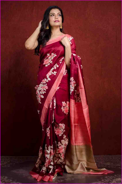 Maroon Floral Silk Mark Certified Bishnupuri Silk Sarees