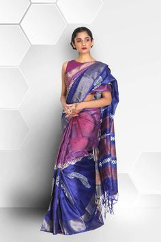 Violet Blue Block Printed Zari Border Pure Silk Mark Certified Tussar Silk Sarees