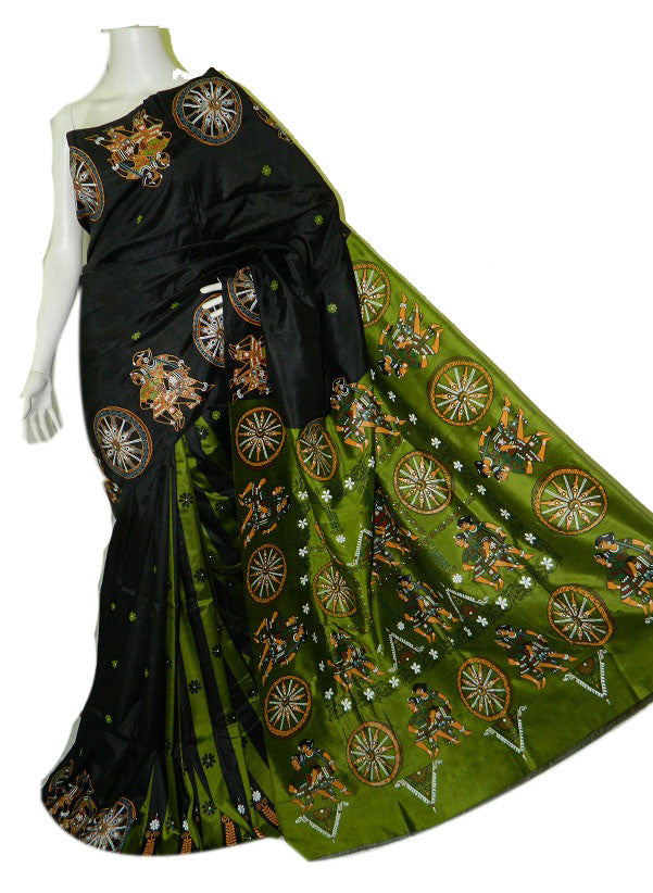 Black & Green Design Sonamukhi Pure Bangalore Silk Sarees - Dailybuyys