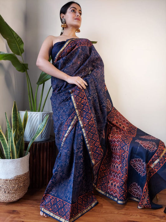 Navy Blue Bagru Print Chanderi Silk Sarees