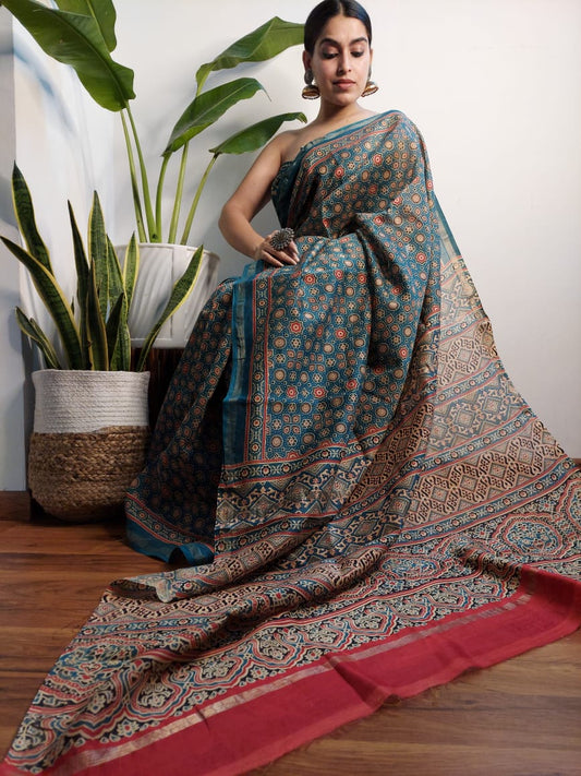 Light Blue Bagru Print Chanderi Silk Sarees