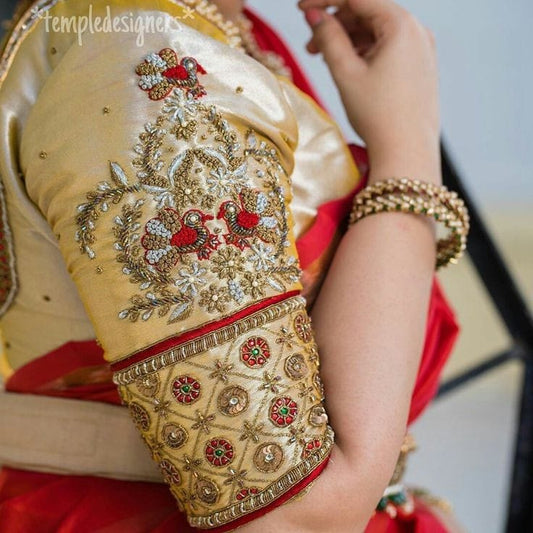 Beige Floral Hand embroidered Blouses In Raw Silk