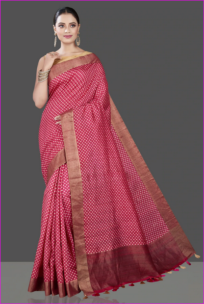 Red Block Print Pure Silk Mark Certified Tussar Silk Sarees