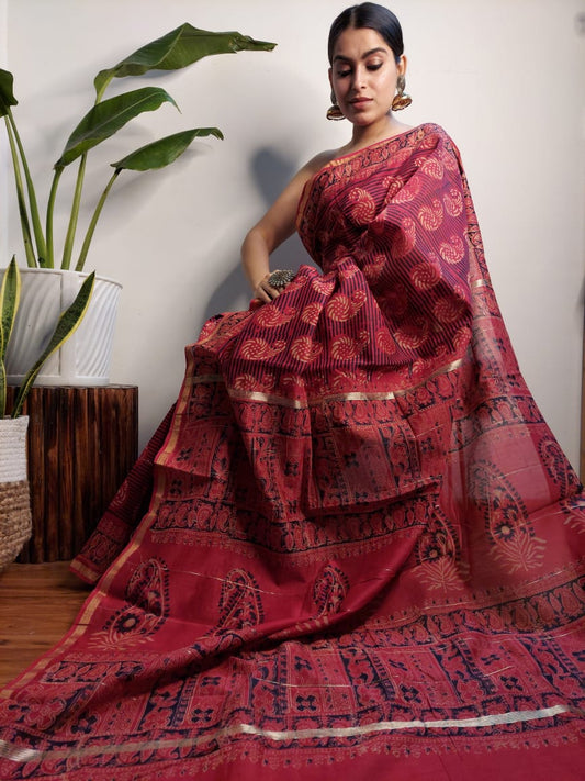 Rani Pink Bagru Print Chanderi Silk Sarees