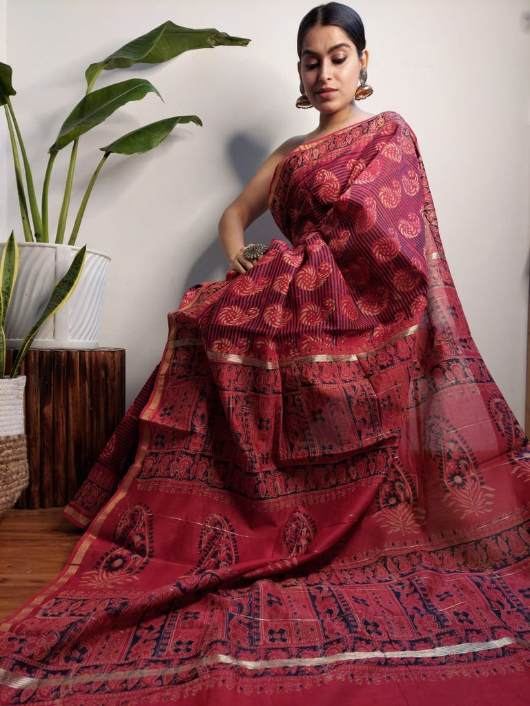 Rani Pink Bagru Print Chanderi Silk Sarees Get Extra 10% Discount on All Prepaid Transaction