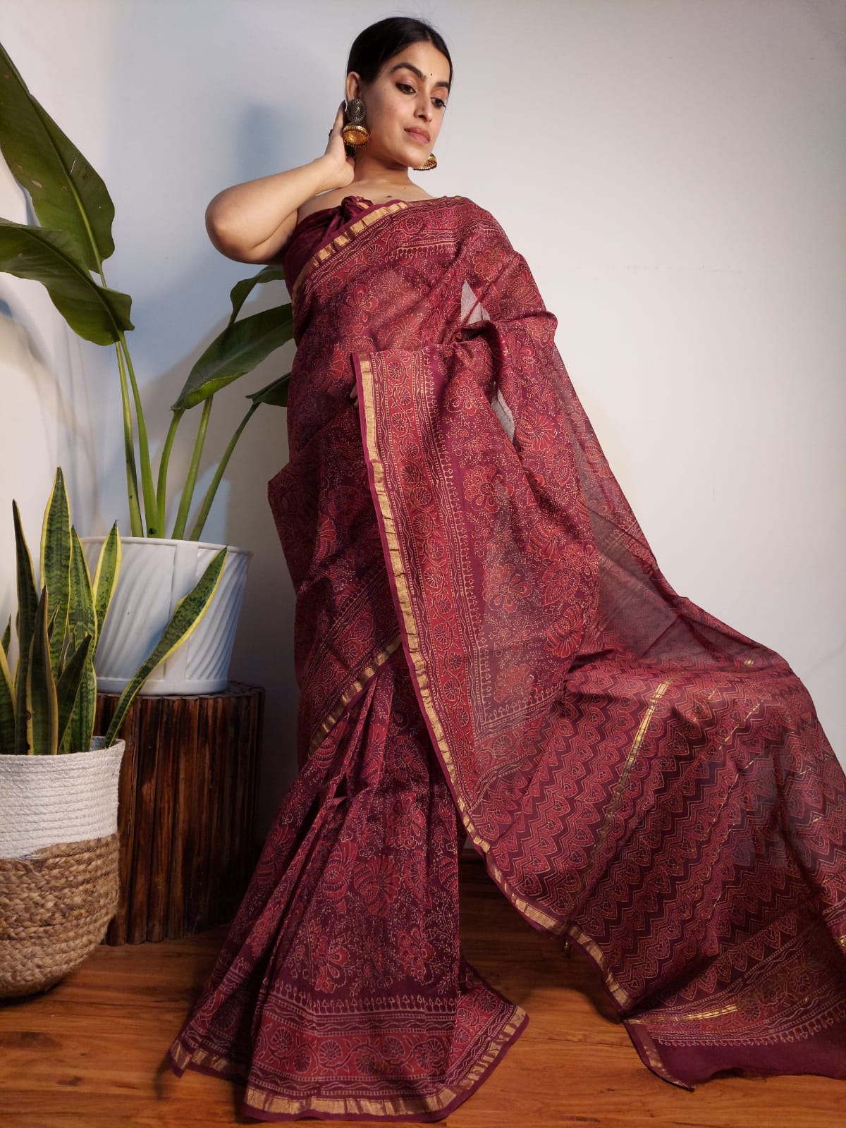 Maroon Bagru Print Chanderi Silk Sarees