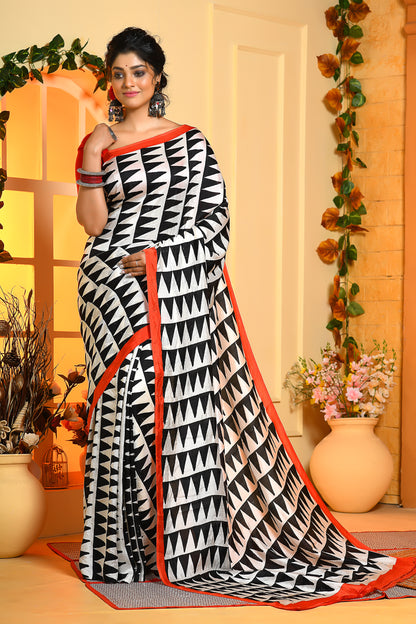 White Black Block Printed Handloom Pure Silk Sarees