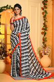 White Black Block Printed Handloom Pure Silk Sarees Get Extra 10% Discount on All Prepaid Transaction