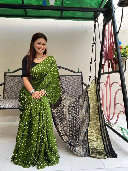 Green  Modal Silk Ajrakh Border With Bandhni Print Handloom Sarees