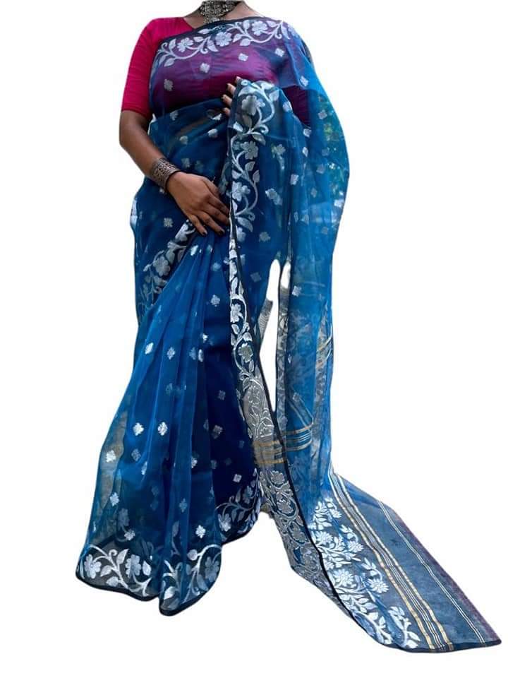 Blue Silk Mark Certified Muslin Jori Work Saree