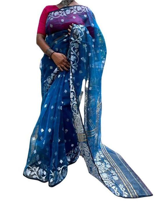 Blue Silk Mark Certified Muslin Jori Work Saree