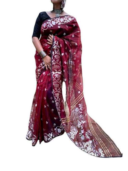 Maroon Silk Mark Certified Muslin Jori Work Saree