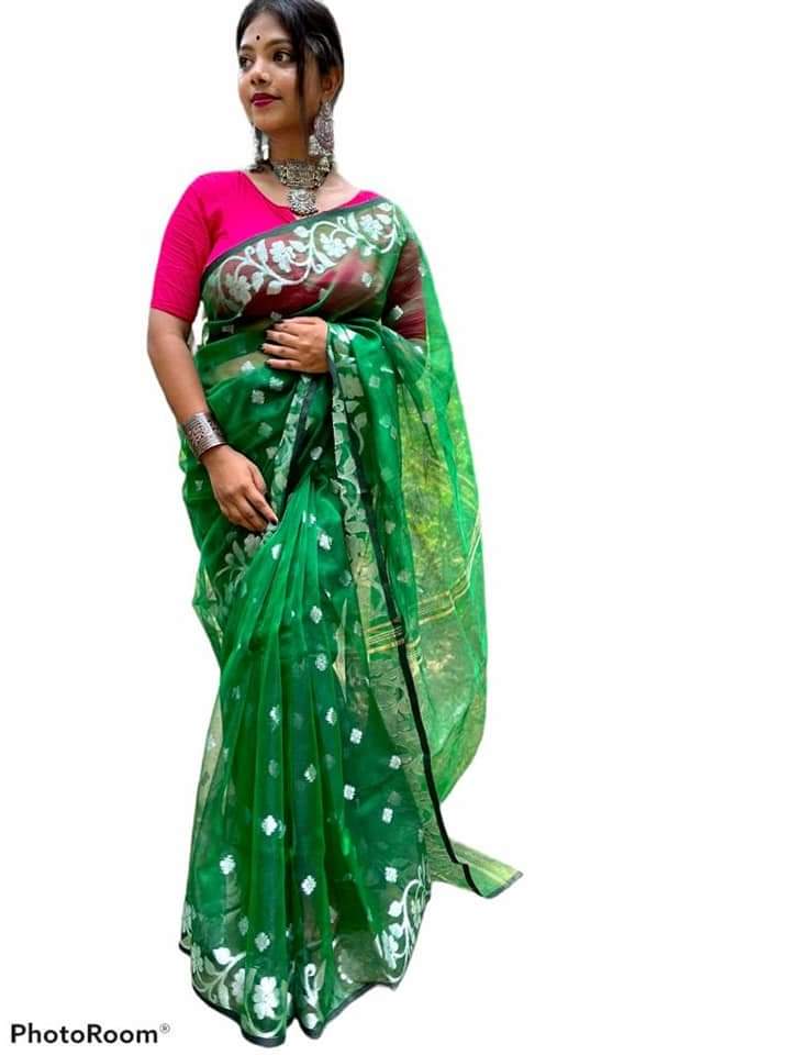 Green  Silk Mark Certified Muslin Jori Work Saree