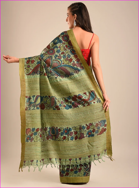 Green Hand Painted Pure Silk Mark Certified Tussar Silk Kalamkari Sarees