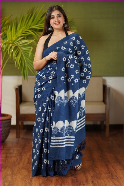 Blue Mulmul Pure Cotton Sarees