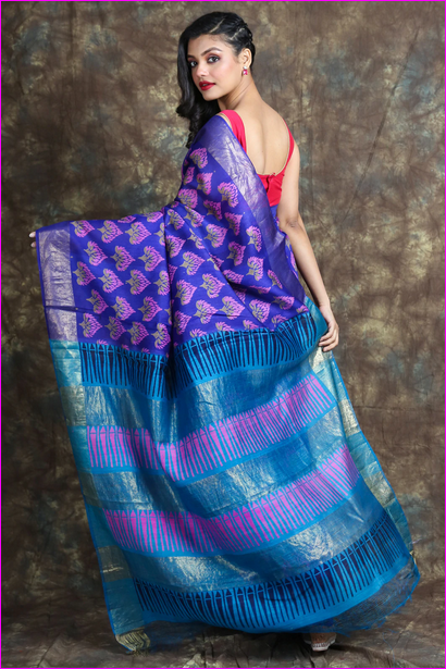 Bright Blue Block Print Zari Border Pure Silk Mark Certified Tussar Silk Sarees