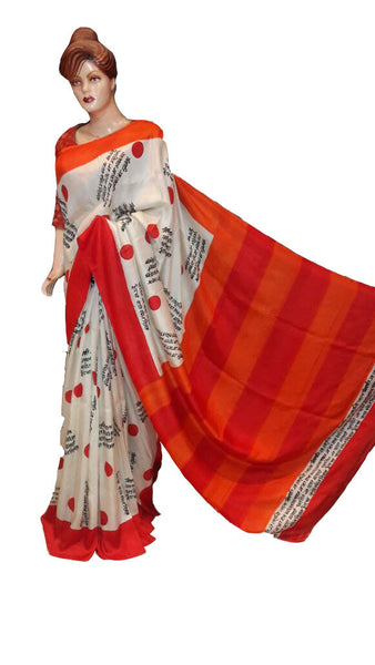 White & Orange Block Printed Pure Silk Mark Certified Bishnupuri Silk Sarees