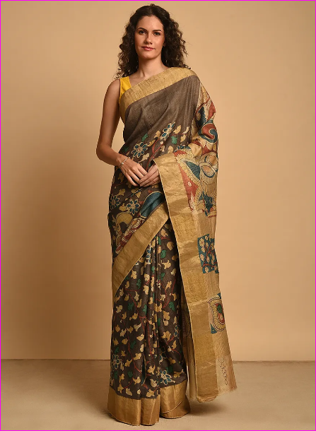 Coffee color Multi Colour Pure Silk Mark Certified Tussar Silk Kalamkari Sarees