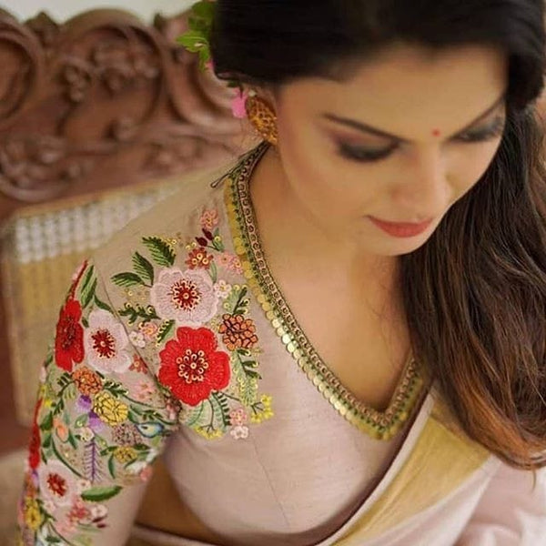 Light pink Blouse In Raw Silk With Floral  Embroidery Online - color customisable