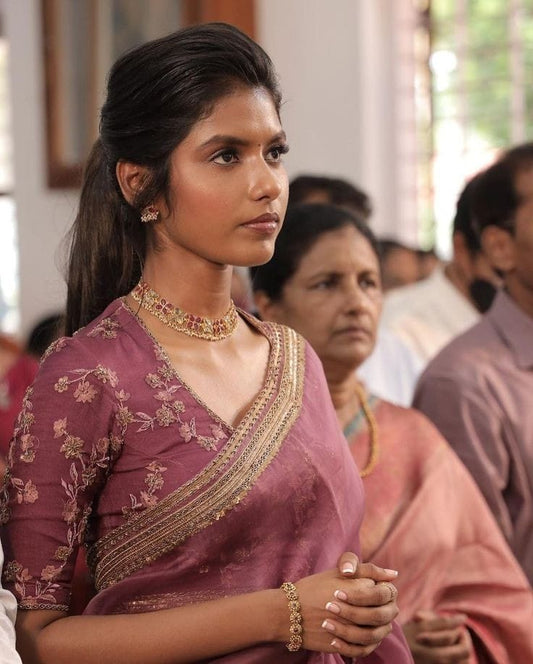 Blush Pink Hand embroidered Blouses In Raw Silk